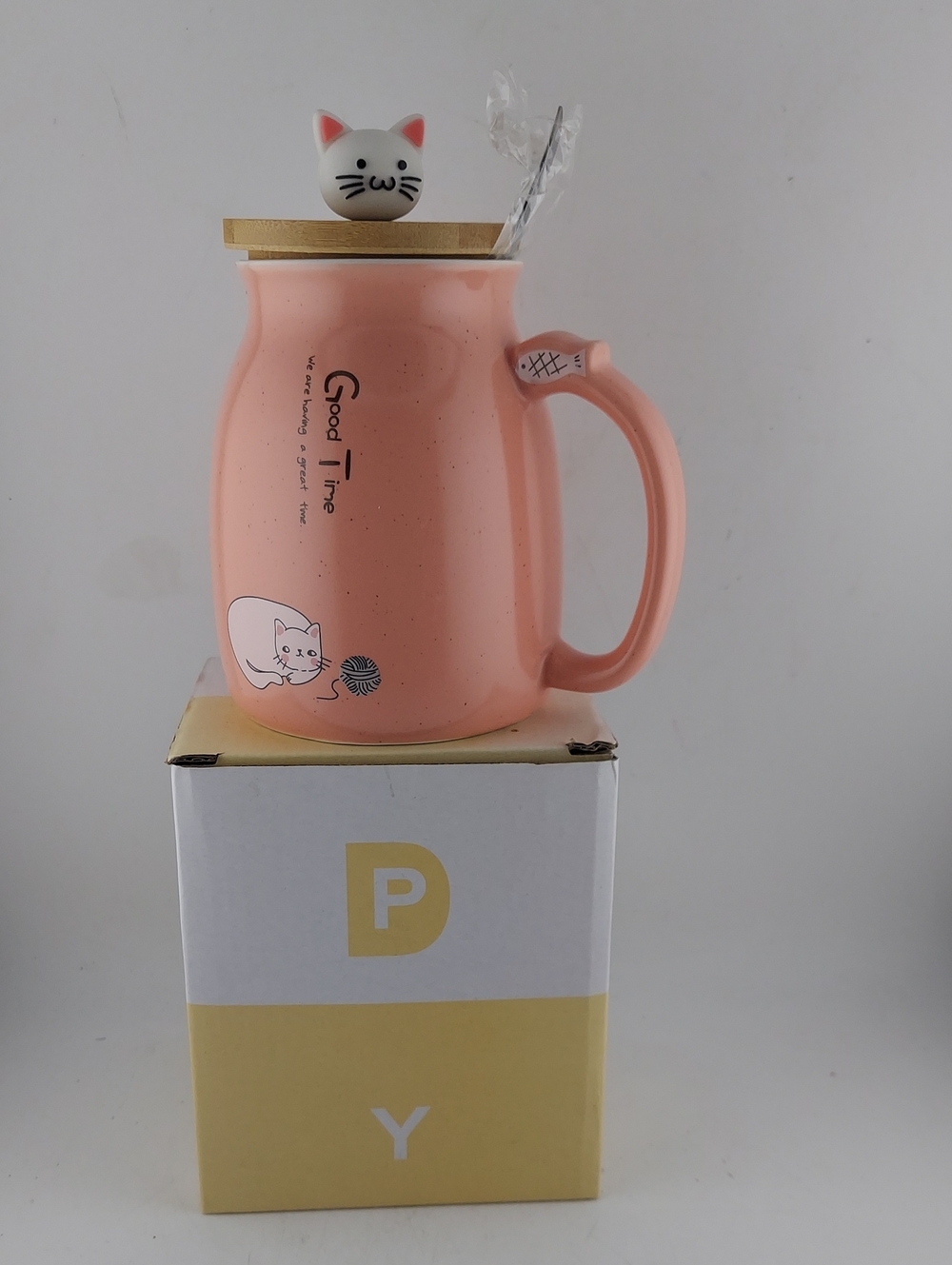 Good Time Pink Cat Ceramic Mug with Lid and Spoon